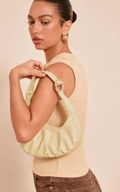 PrettyLittleThing Cream PU T-Bar Asymmetric Shoulder Bag - Silver Hardware Mini Handbag