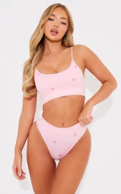 Prettylittlething Pink Heart Print Ribbed Scoop Neck Bralette
