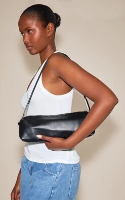 PrettyLittleThing Black Soft PU Silver Hardware – Minimalist Structured Shoulder Bag