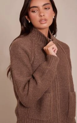 Chocolate Zip Up High Neck Pocket Detail Knitted Cardigan - Relaxed Fit Knitwear -FRAME Clothing Shop 7044557bb244ba978aadb94847d75816569686c1 CNN9709 4 chocolate zip up pocket detail knitted cardigan