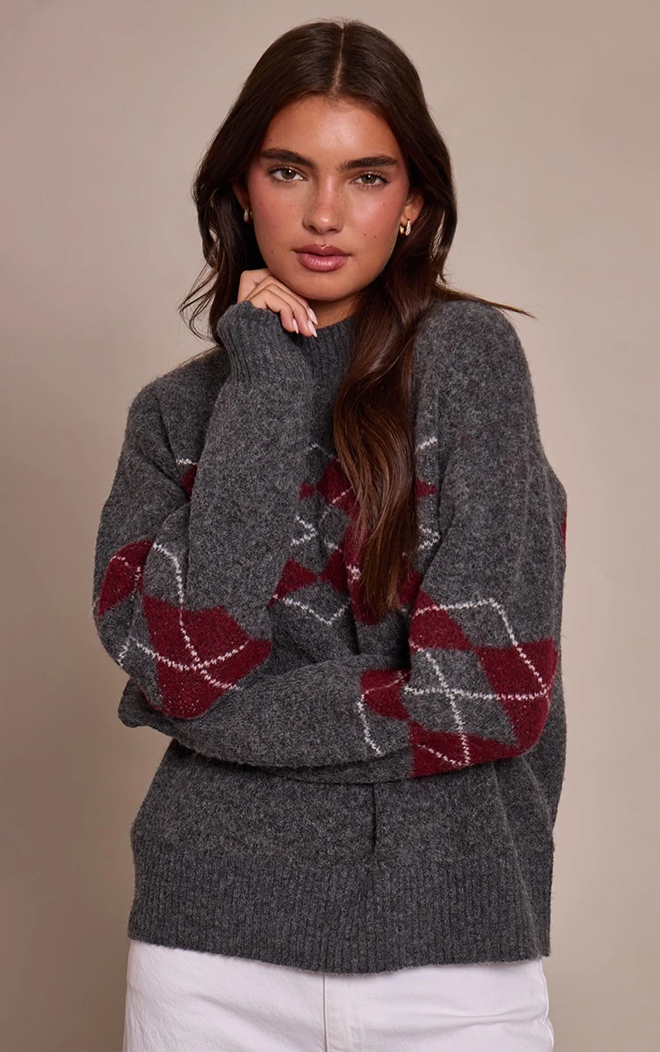 Grey Argyle Crew Neck Sweater 4 Grey Argyle Crew Neck Sweater - Image 4