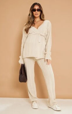 Prettylittlething Maternity Oatmeal Cable Knit Wide Leg Flare