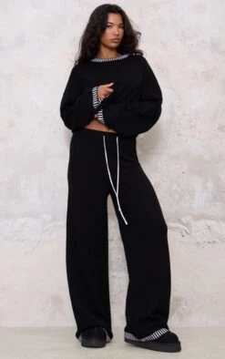Prettylittlething Monochrome Contrast Stitch Detail Knit Drawstring Waist Pants