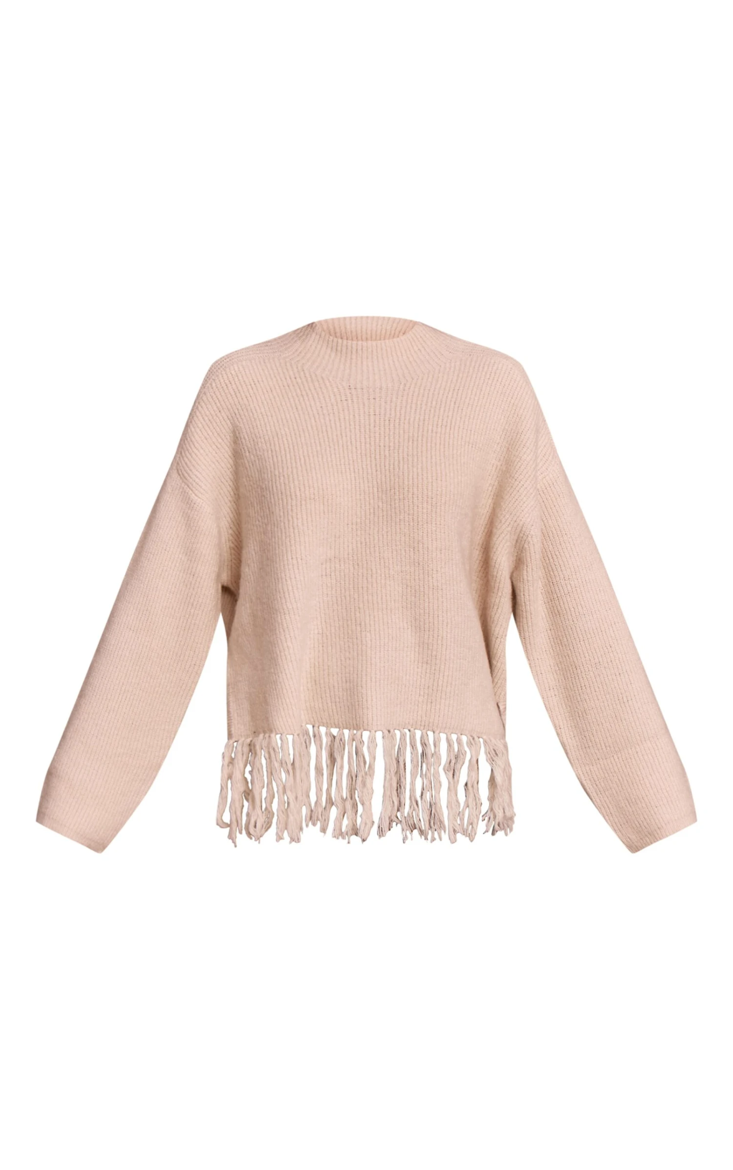 Beige Round Neck Fringe Hem Oversized Sweater - Image 5