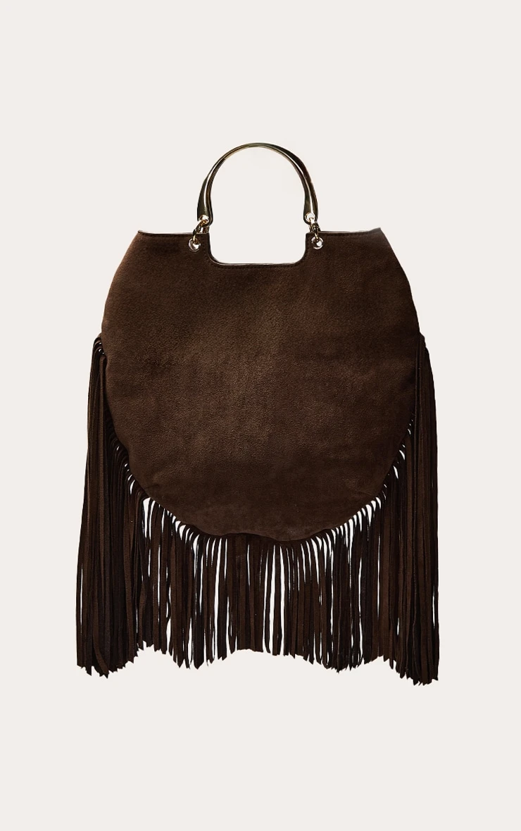 PrettyLittleThing Chocolate Microfibre Fringe Metal Handle Slouchy Tote Bag 2 PrettyLittleThing Chocolate Microfibre Fringe Metal Handle Slouchy Tote Bag - Image 2