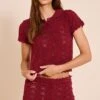 Prettylittlething Burgundy Crochet Polo Neck Top