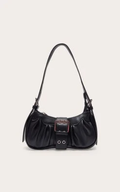PrettyLittleThing Black PU Eyelet Buckle Shoulder Bag – Edgy Faux Leather Handbag