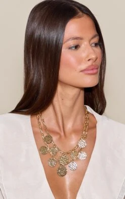 PrettyLittleThing Gold Hammered Layered Disc Necklace – Triple Tiered Textured Statement Jewelry