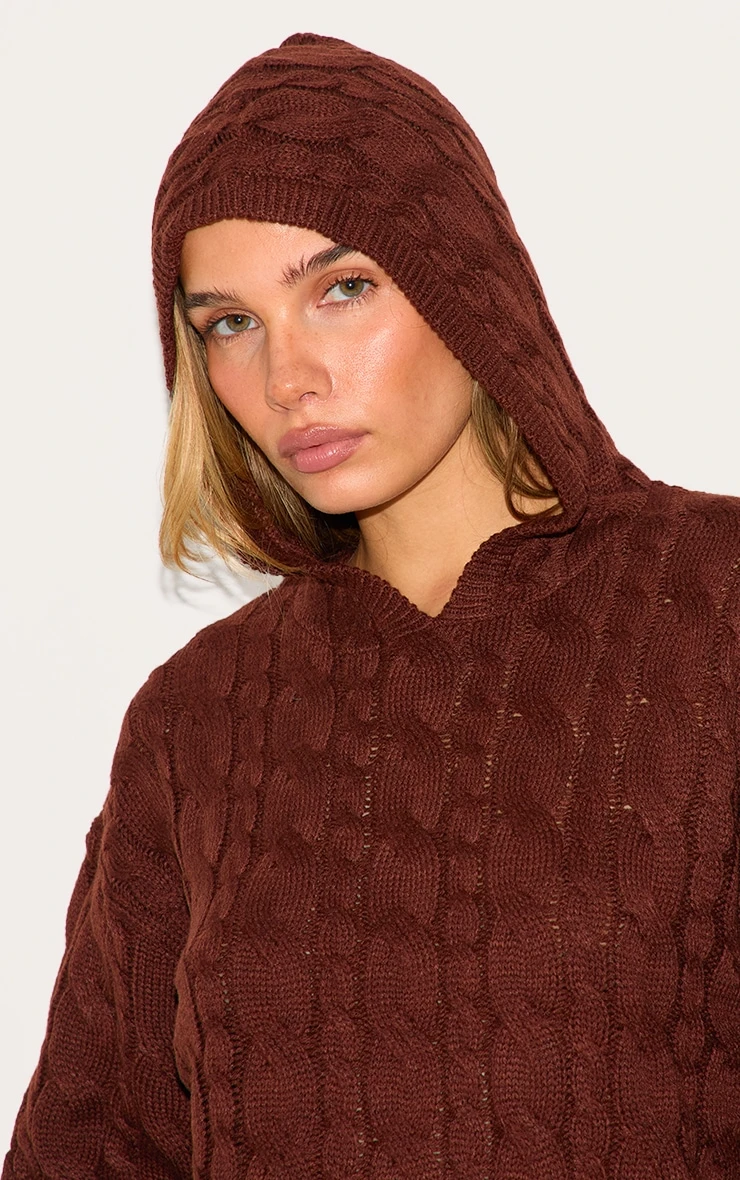 PrettyLittleThing Chocolate Brown Cable Knit – Oversized Hooded Knit Sweater 4 PrettyLittleThing Chocolate Brown Cable Knit – Oversized Hooded Knit Sweater - Image 4