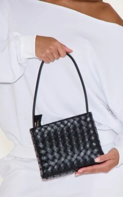 PrettyLittleThing Black Woven Structured Mini Shoulder Bag with Gold Hardware
