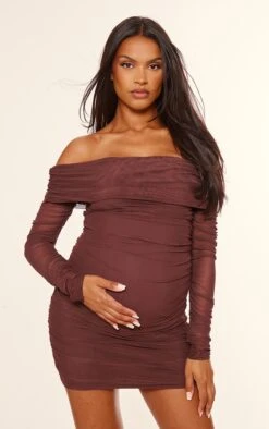 Prettylittlething Maternity Chocolate Mesh Ruched Long Sleeve Mini Dress