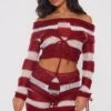 Cherry Red Abstract Soft Knit Foldover Tie Detail Bardot Top
