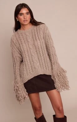 Taupe Cable Knit Loop Trim Sweater