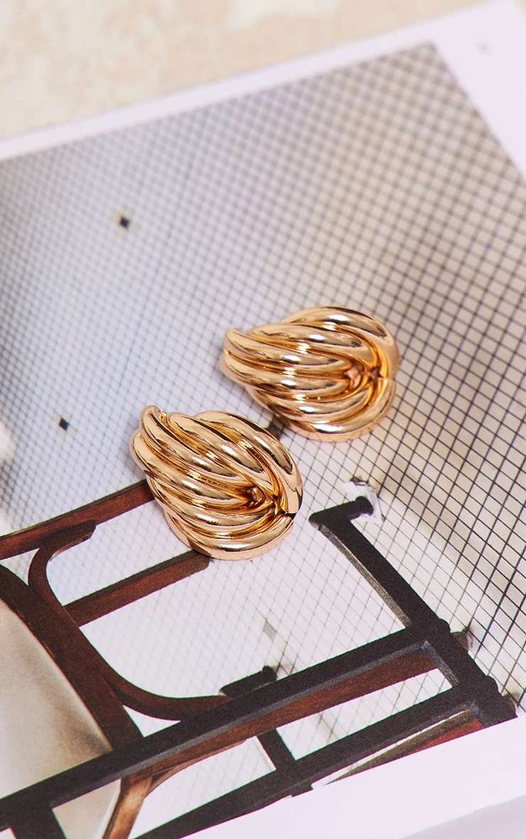 Gold Chunky Ribbed Abstract Hoop Stud Earrings 3 Gold Chunky Ribbed Abstract Hoop Stud Earrings - Image 3