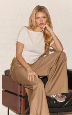 Prettylittlething White Basic Knit Asymmetric Neckline Top