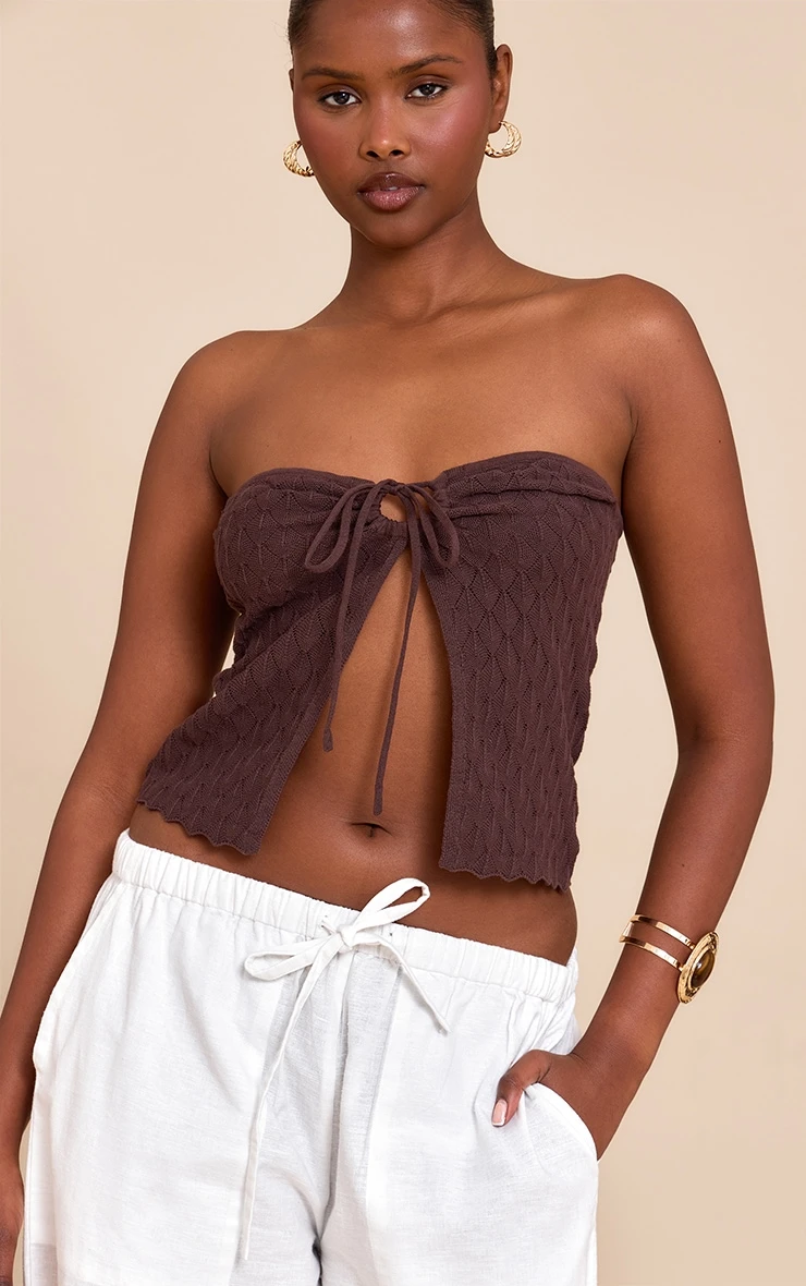 PrettyLittleThing Chocolate Textured Crochet Knit Bandeau Open Top - Sleeveless Summer Knit 4 PrettyLittleThing Chocolate Textured Crochet Knit Bandeau Open Top - Sleeveless Summer Knit - Image 4