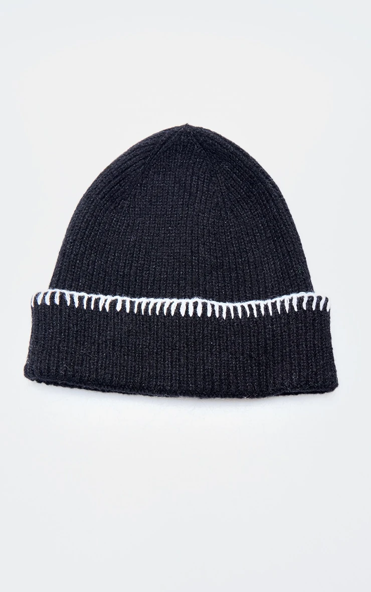 Prettylittlething Black Stitch Detail Rib Beanie 2 Prettylittlething Black Stitch Detail Rib Beanie - Image 2