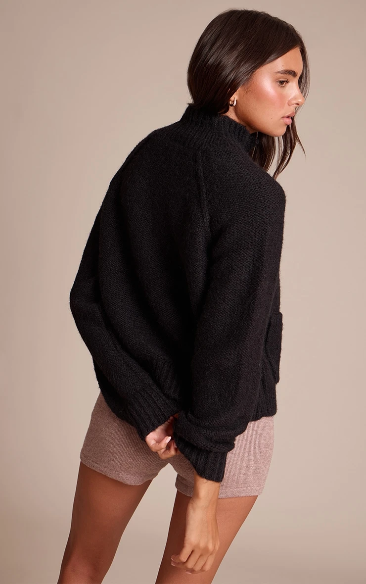 Black Zip Up Pocket Detail Knitted Cardigan 2 Black Zip Up Pocket Detail Knitted Cardigan - Image 2