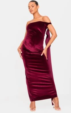 Prettylittlething Maternity Burgundy Velvet One Shoulder Drape Detail Maxi Dress