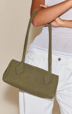 PrettyLittleThing Olive Faux Suede Mini Bowler Shoulder Bag - Compact Zip-Up Handbag
