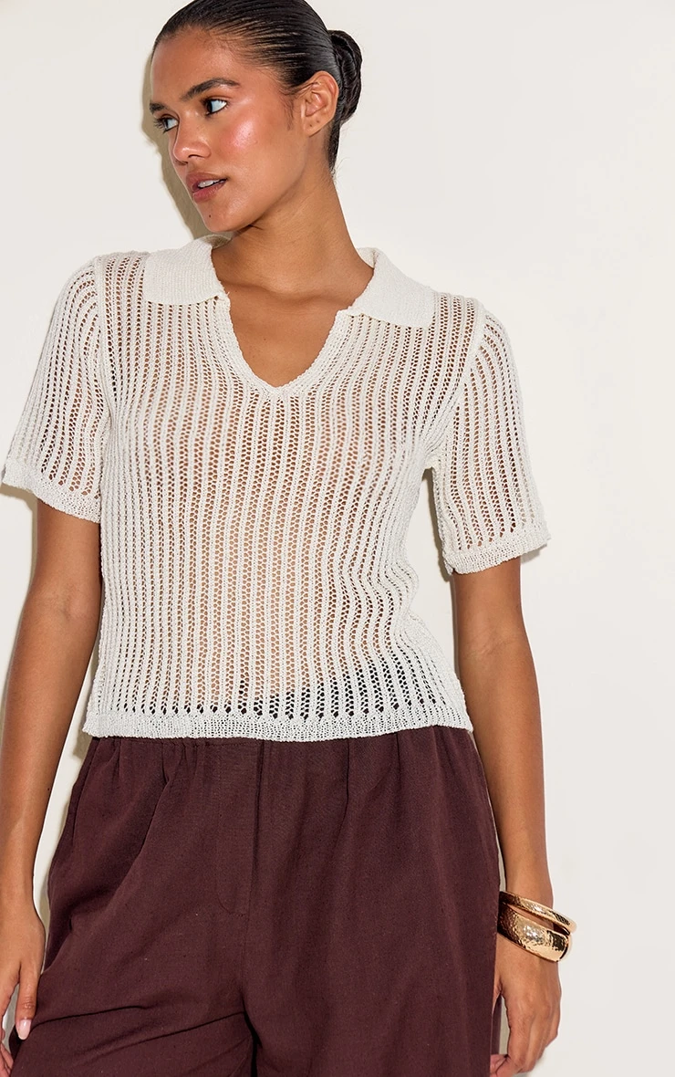 White V Neck Filagree Polo Top 4 White V Neck Filagree Polo Top - Image 4