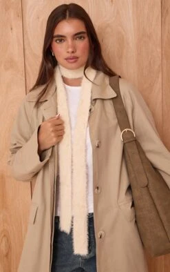 PrettyLittleThing Cream Skinny Fluffy Scarf - Plush Brushed Knit Winter Accessory