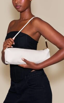 PrettyLittleThing Cream Soft PU Gold Hardware Slim Shoulder Bag