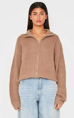 Prettylittlething Light Mocha Thick Rib Knit Zip Up Cardigan