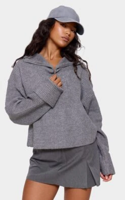 Prettylittlething Charcoal Grey Marl Chunky Knit Half Zip Sweater