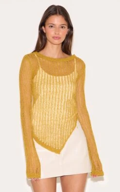 Prettylittlething Olive Ladder Knit Sheer Asymmetric Hem Top