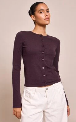 Prettylittlething Chocolate Button Through Fine Knit Cardigan