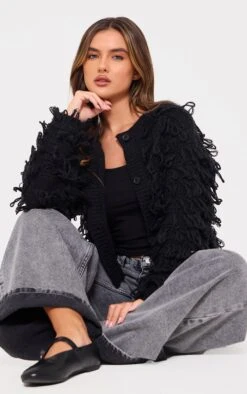 Prettylittlething Black Loop Knit Crew Neck Button Up Cardigan