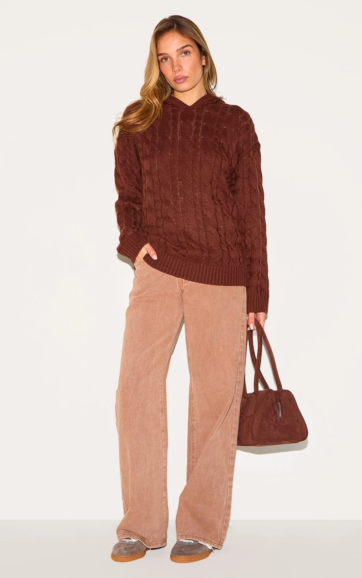PrettyLittleThing Chocolate Brown Cable Knit – Oversized Hooded Knit Sweater 3 PrettyLittleThing Chocolate Brown Cable Knit – Oversized Hooded Knit Sweater - Image 3