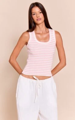 Pink Scooped Neck Striped Ribbed Vest