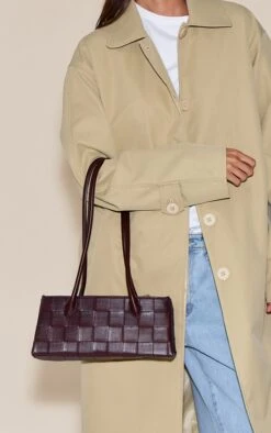 PrettyLittleThing Chocolate Woven Texture Elongated Handle Slim Shoulder Bag