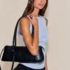 PrettyLittleThing Black Patent Elongated Handle Shoulder Bag – Structured Minimalist Handbag