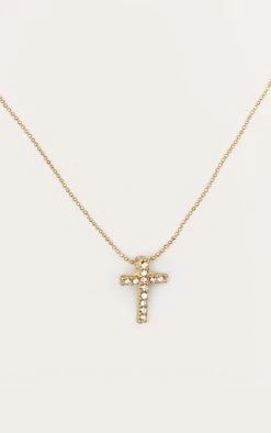 Prettylittlething Gold Simple Dainty Diamante Cross Necklace