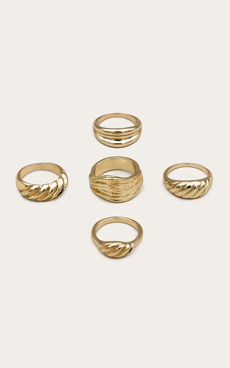 PrettyLittleThing Gold Croissant Detail 5 Pack Ring Set - Sustainable Stackable Gold Jewelry 3 PrettyLittleThing Gold Croissant Detail 5 Pack Ring Set - Sustainable Stackable Gold Jewelry - Image 3