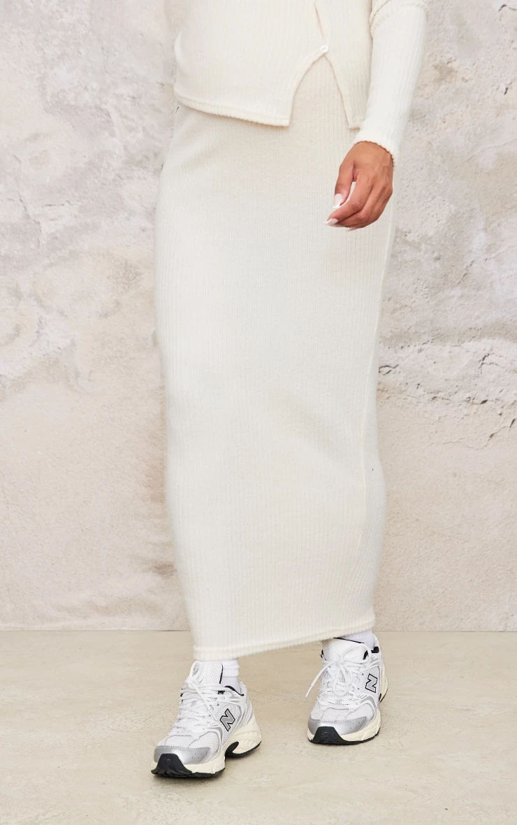 Prettylittlething Maternity Cream Brushed Rib Asymmetric Button Maxi Skirt 2 Prettylittlething Maternity Cream Brushed Rib Asymmetric Button Maxi Skirt - Image 2