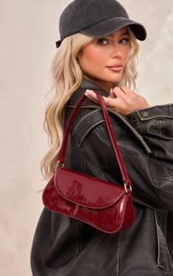 PrettyLittleThing Burgundy Patent Slim Curved Shoulder Bag - Cherry Red Flap Detail