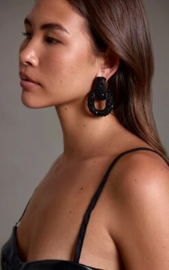 Prettylittlething Black Diamante Door Knocker Statement Earrings