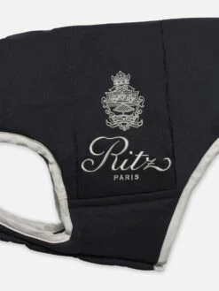 Ritz Paris x FRAME Navy with White Trim – Embroidered Logo Dog Puffer Jacket -FRAME Clothing Shop LDAX0003 NAVY DETAIL 0422 vest detail packshot image