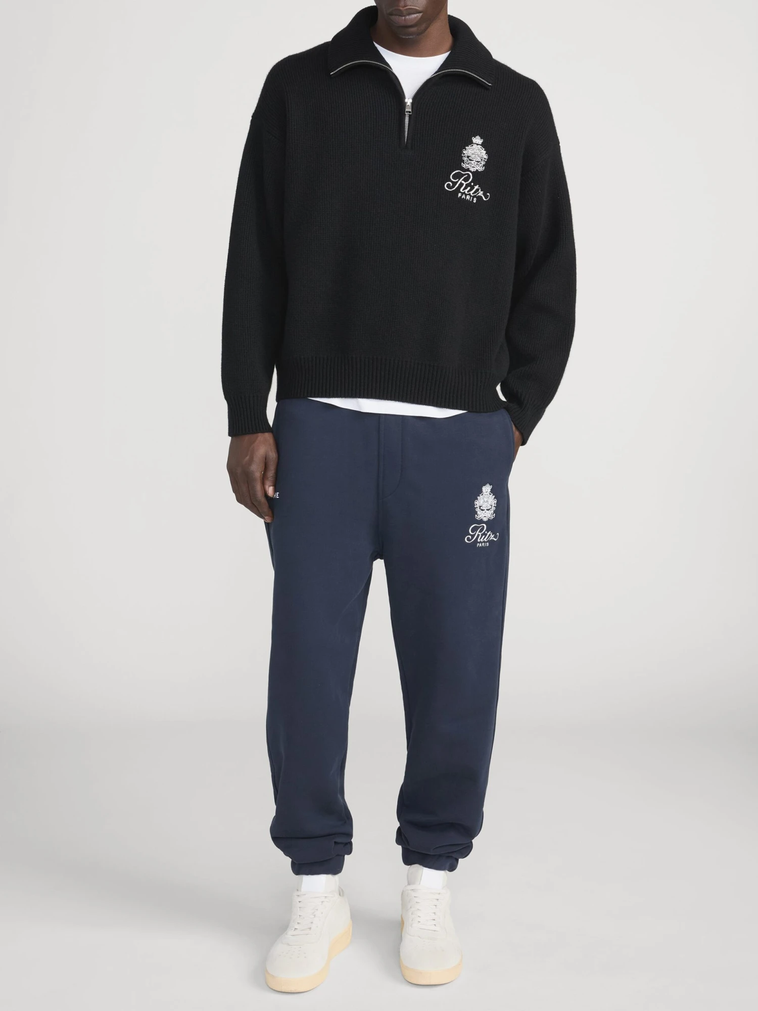 FRAME x Ritz Paris Navy Embroidered Logo Luxury Sweatpants - Essential Cuffed Joggers 3 FRAME x Ritz Paris Navy Embroidered Logo Luxury Sweatpants - Essential Cuffed Joggers - Image 3