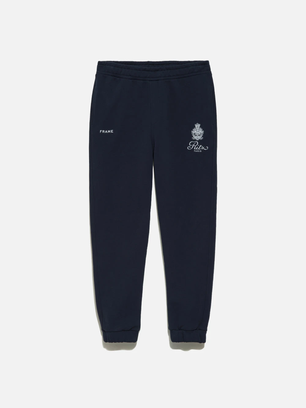 FRAME x Ritz Paris Navy Embroidered Logo Luxury Sweatpants - Essential Cuffed Joggers 1 FRAME x Ritz Paris Navy Embroidered Logo Luxury Sweatpants - Essential Cuffed Joggers
