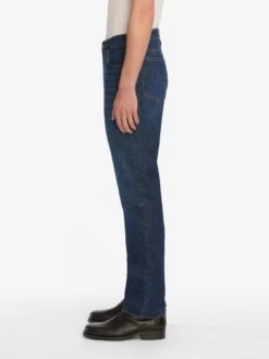 Modern Straight Fusion Dark Blue Wash – Mid-Rise Straight-Leg Men's Stretch Denim Jeans -FRAME Clothing Shop LMSST691 FUSN 0170 jeans side detail image