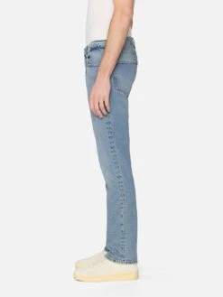 Dixon Modern Straight Leg Jeans in Light Blue Wash – Stretch Cotton Mid-Rise Denim -FRAME Clothing Shop LMSST889 DIXO 00421 jeans side angle image