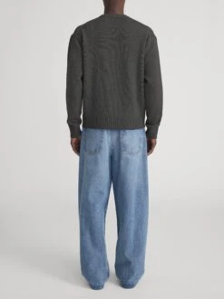 Dark Grey Melange Cashmere Crewneck Sweater – Classic Fit Woolen Ribbed Knit -FRAME Clothing Shop LMSW0156 DKGM 1389 sweater back image