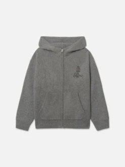 FRAME x Ritz Paris Warm Gray Cashmere Full Zip Hoodie – Embroidered Logo Luxury Loungewear