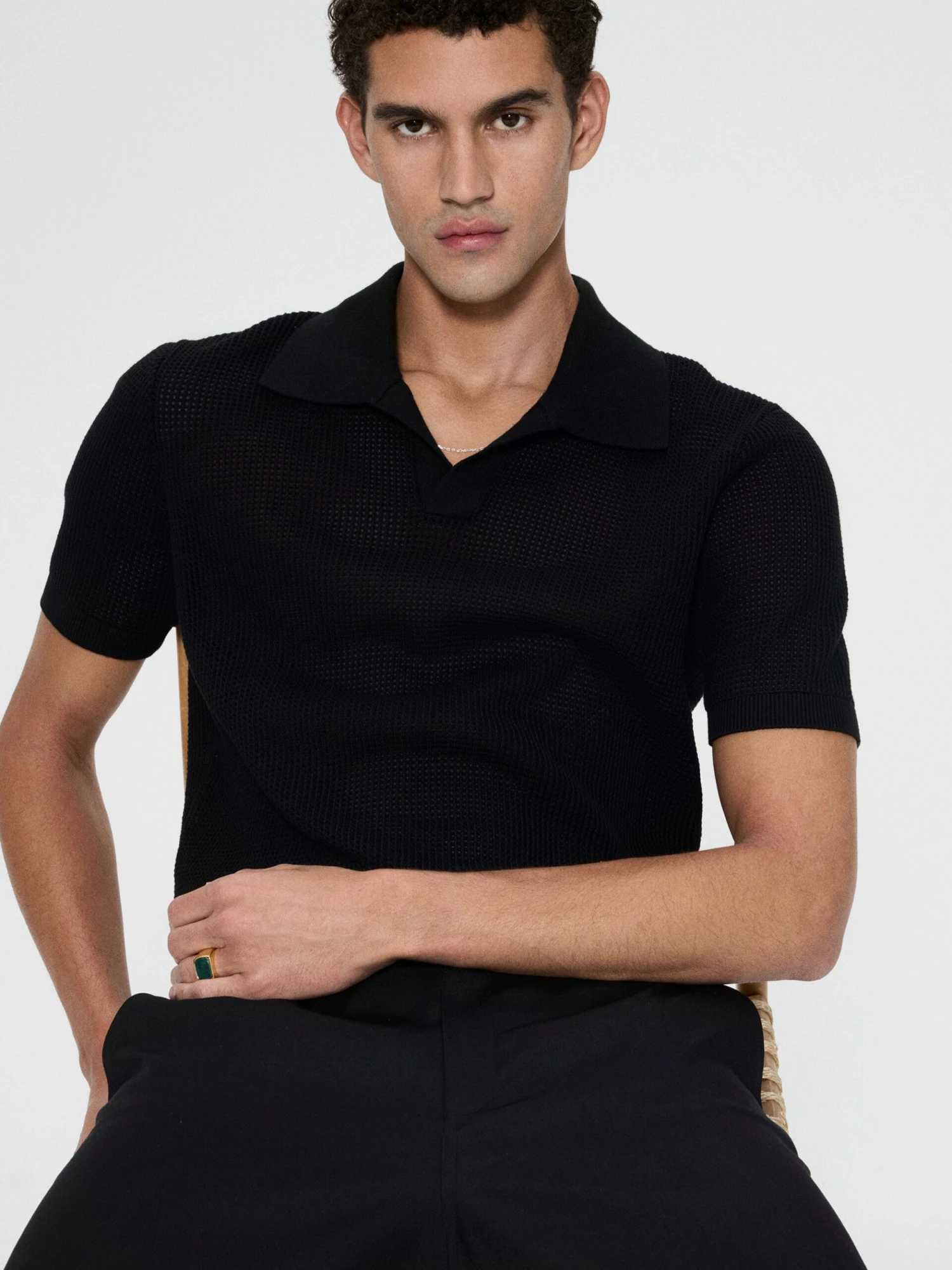 Men's Black Open Weave Knit Polo Sweater – Breathable Wool Blend Modern Prep Top 5 Men's Black Open Weave Knit Polo Sweater – Breathable Wool Blend Modern Prep Top - Image 5