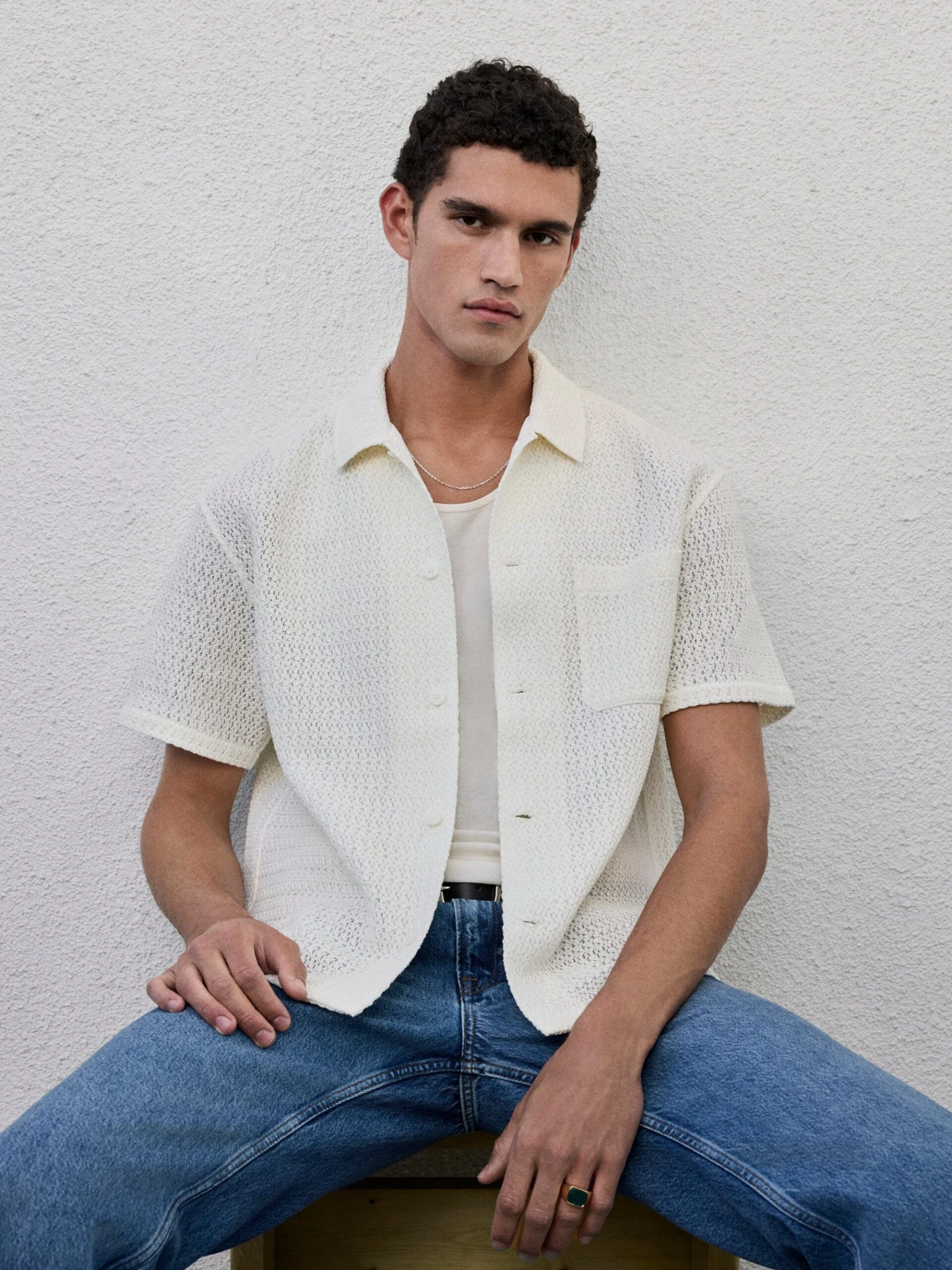 Men's Cream Open Weave Short Sleeve Shirt – Breathable Textured Knit with Spread Collar 2 Men's Cream Open Weave Short Sleeve Shirt – Breathable Textured Knit with Spread Collar - Image 2